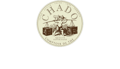 chado tea room logo consisting of an line illustration of a baby carrying 2 wooden crates balanced on a long pole over his soldiers